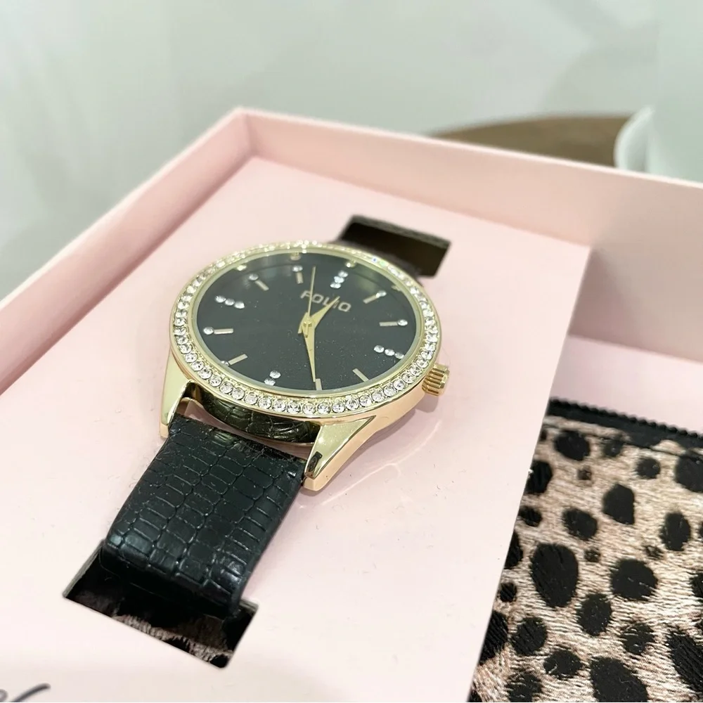 black and gold cheetah print watch and wrist essentials gift box set